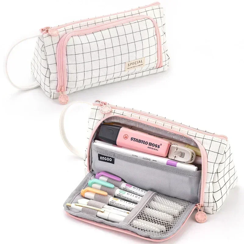 New Child Stationary Pen Pencil Storage Bag Pen Bag Multi Layer Large Capacity Cosmetic Travel Storage Bag Simple Plaid Pencil