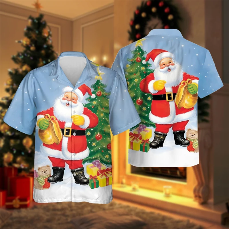 Xmas Vibes 3D Printed Shirts For Men Clothes Hawaiian Short Sleeve Christmas Snowman Santa Claus Unisex  Beach Shirt Blouses