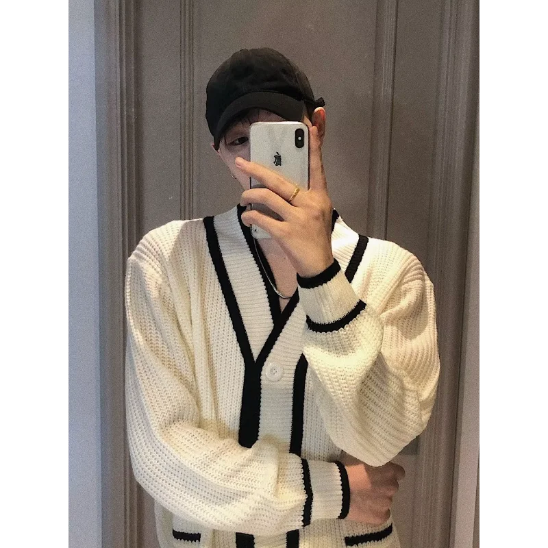 Contrast Color V-neck Pocket Knitted Sweater Cardigan Loose Men's Long-sleeved Fashionable Casual Jacket Top