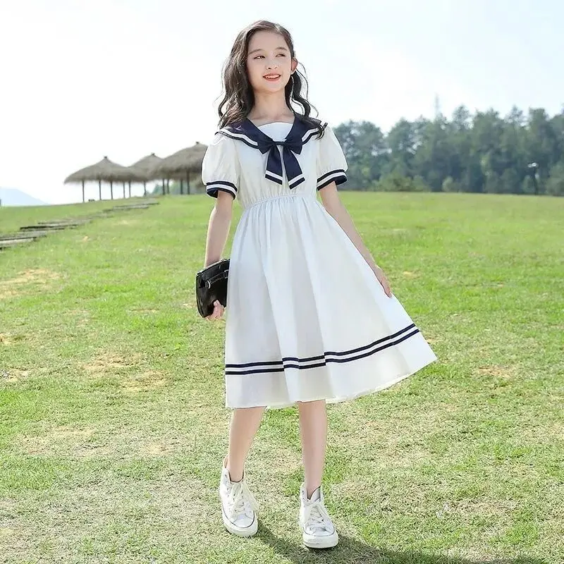 New Summer Dress for Girls Short Sleeved Dresses Sailor CollarTeenagers Vestido Kids Princess Clothing 6 8 10 12 14 Year Clothes