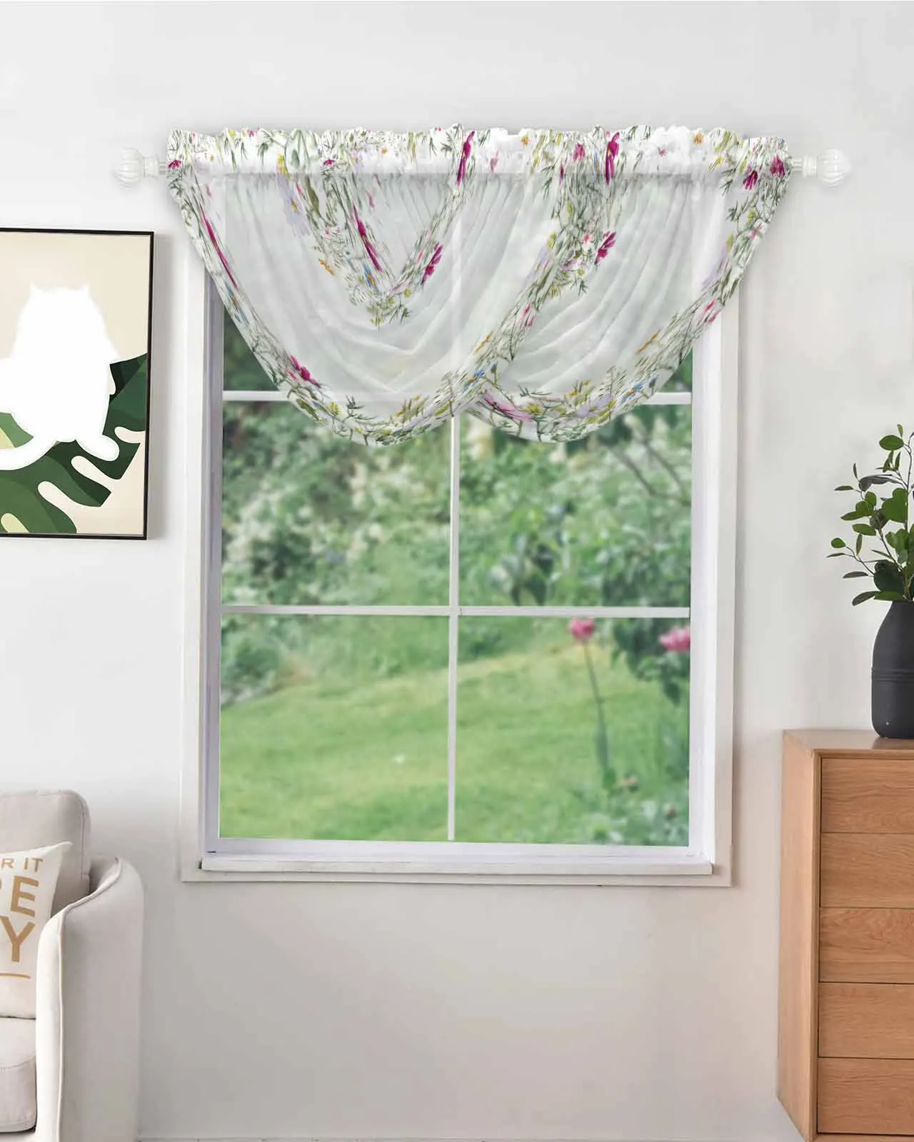 Farm Wildflower Plant Flower Sheer Tulle Curtains for Kitchen Bathroom Balcony Window Transparent Voile Drapery