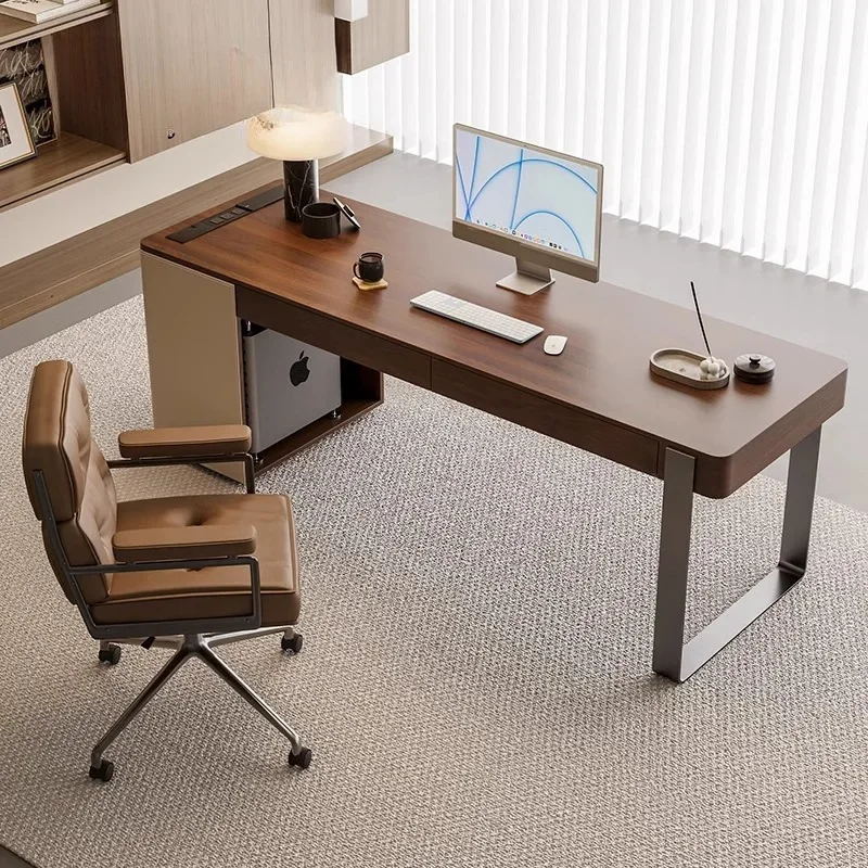 #Medieval solid wood desk walnut high-end saddle leather computer desk Italian light luxury desk and chair combination