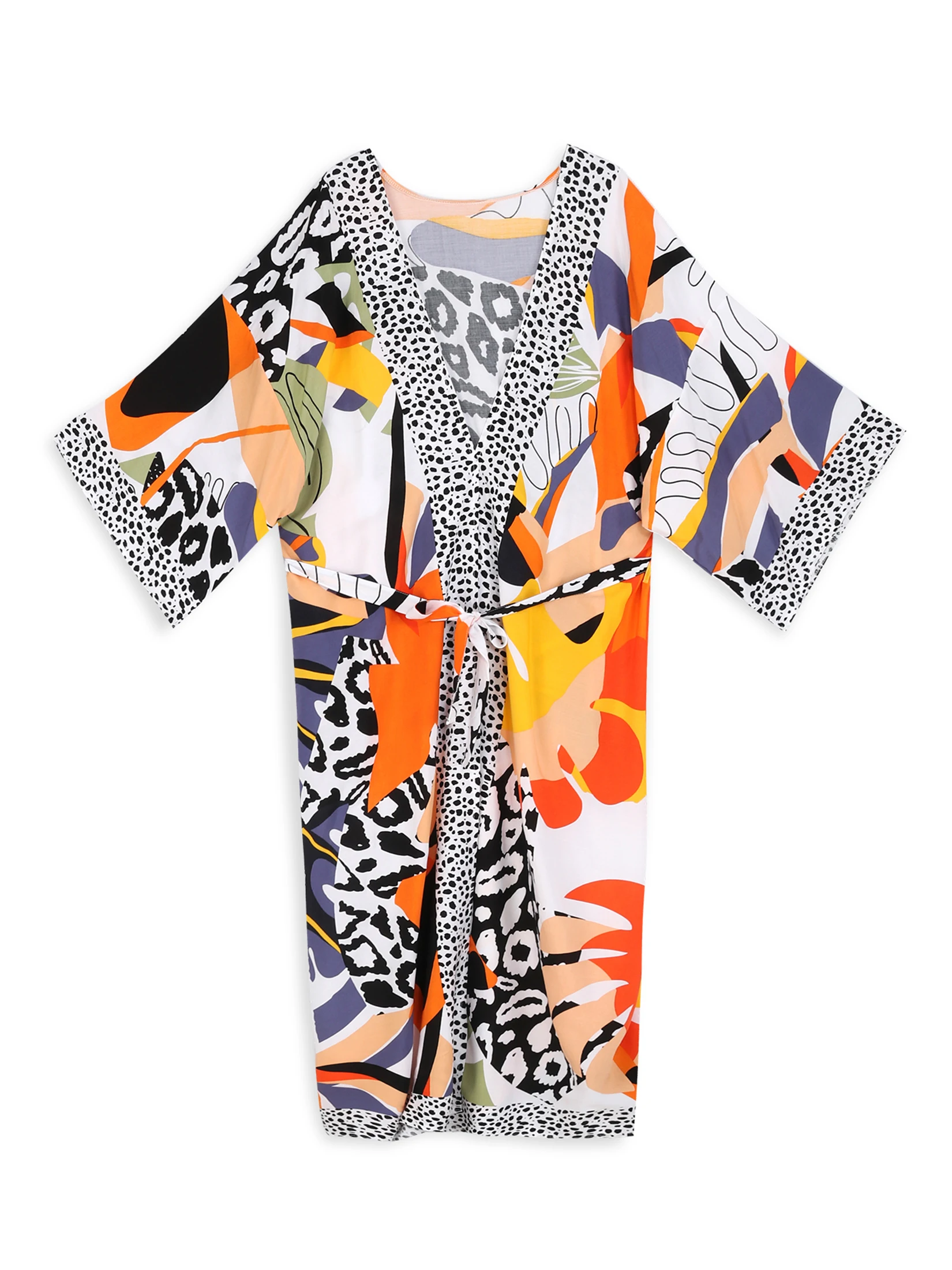 Boho Print Self Belt Kimono Plus Size długi rękaw letnia seksowne Bikini sukienka 2024 damska przytulna narzutka plażowa Q1512