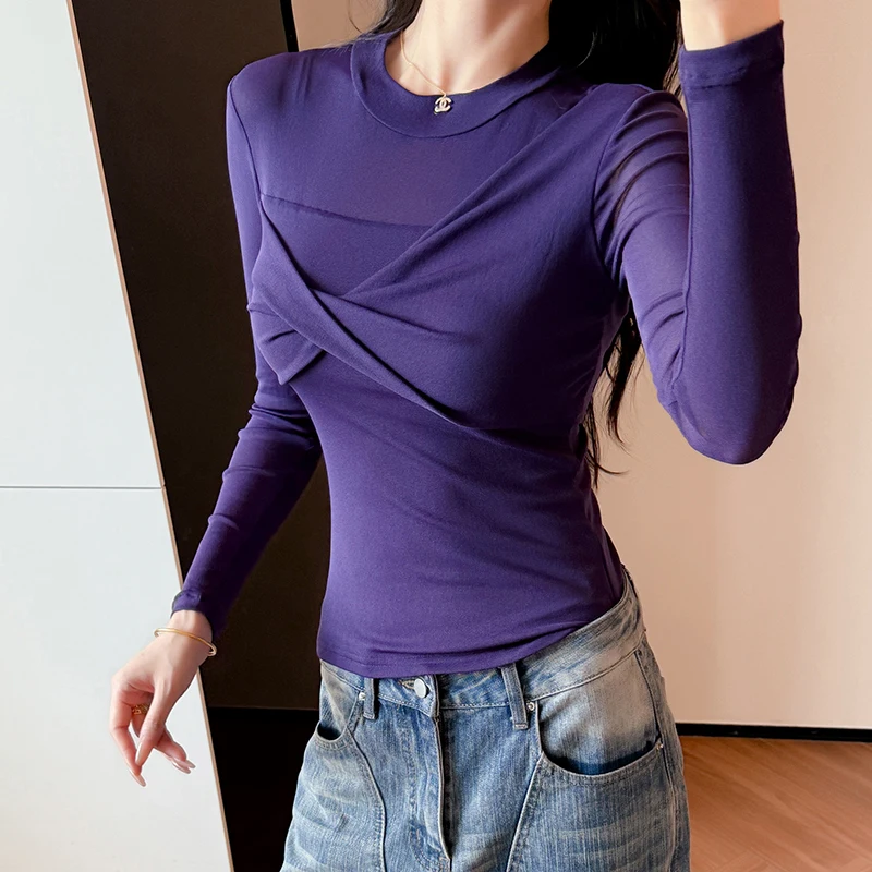 한국 패션 라운드넥 단색 긴팔 티셔츠 가을 겨울 이너웨어 라운드넥 캐주얼 여성 티셔츠