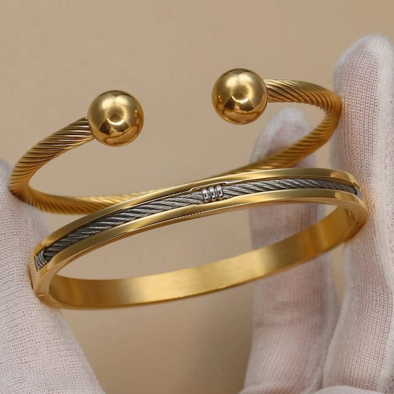 CB-208 stainless steel Ball Open Cuff Bangle For Women  Men No Fade Color Wire Rope Bracelet  Female Wrist Ornament Jewelry Gift