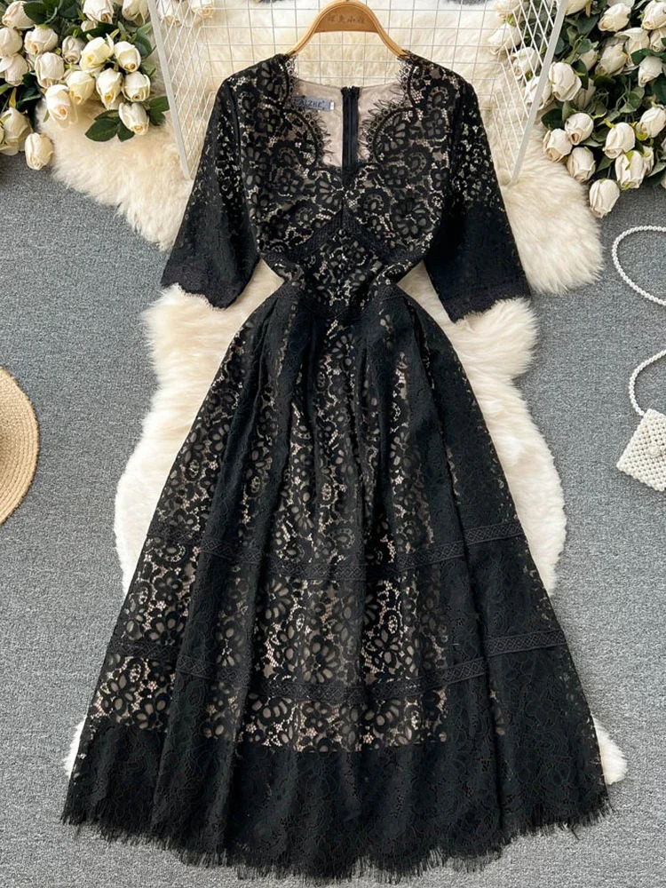 

New Summer Vintage Elegant Party Vacation Dress Spring/Summer V-neck Short Sleeve Lace Hollow Black Dresses Vestidos