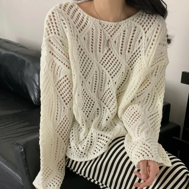 ITOOLIN Women Chic Hollow Out Knitted Sweater V-Neck Loose Batwing Sleeve Pullovers Tops Casua Women Knit Shirt Autumn Winter