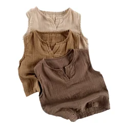 Korean Style Children's Cotton Gauze Sleeveless T Shirts Summer Loose Solid Baby Boys Girls Breathable Vests Toddler Kids Tanks