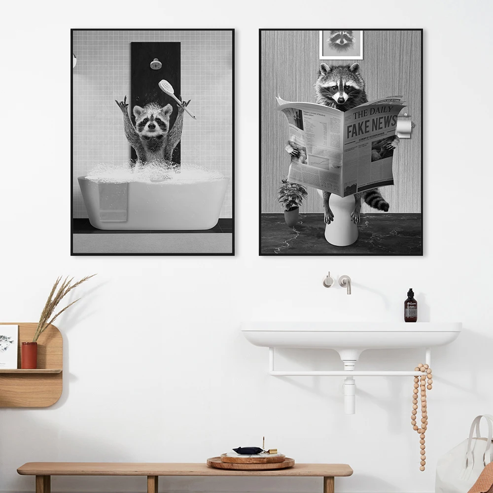 

Modern Black White Cat Bathroom Art Raccoon Decor Poster Print Toilet Animal Reading Newspaper Canvas Painting Room Home Wall