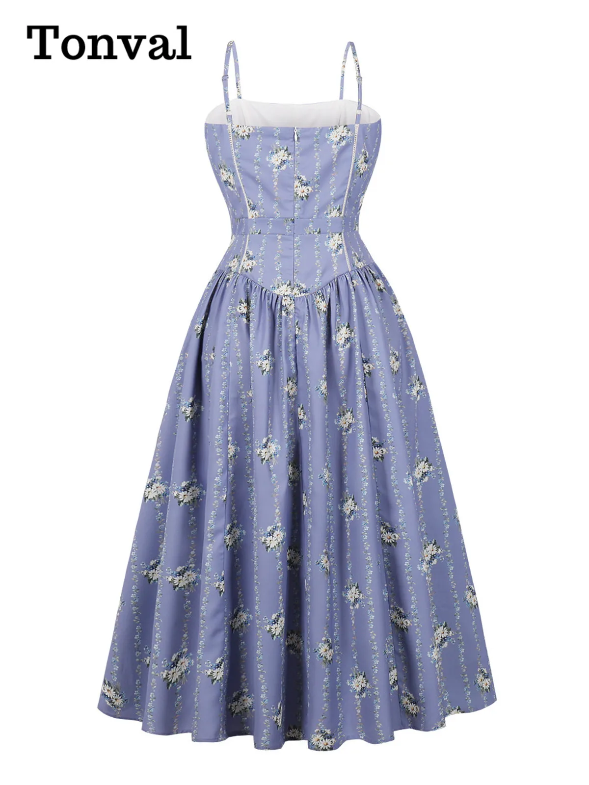Tonval Abiti longuette a pieghe con stampa floreale a vita alta con cinturino per spaghetti 2025 Abiti estivi per feste di compleanno Abito da ballo senza schienale per donna
