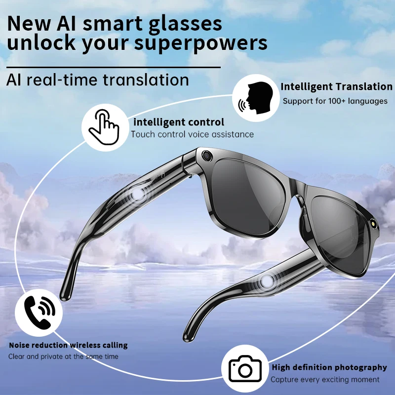

AI Smart Glasses With 100MP Camera Anti-Shake Touch Bluetooth Call Flashlight Voice Assistant Translate Waterproof Sport Glasses