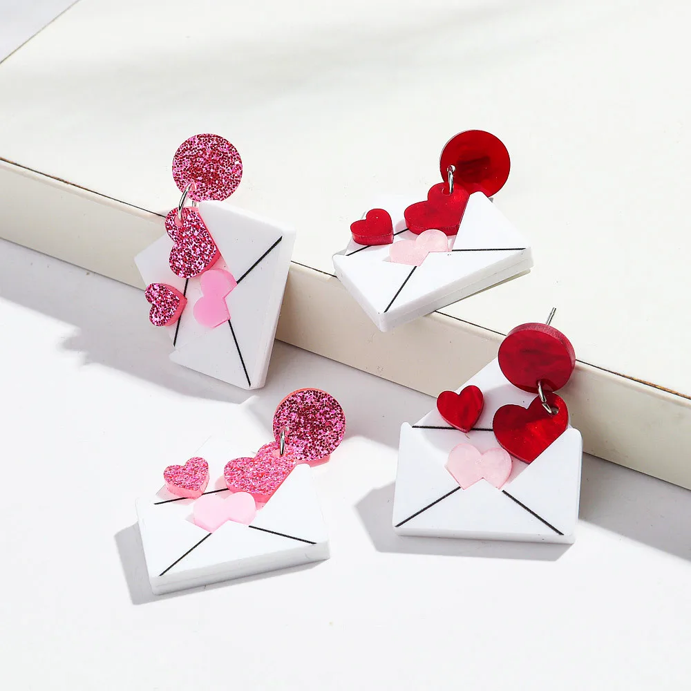 

New Red Pink Heart Letter Acrylic Drop Earrings for Women Romantic Love Envelope Dangle Earring Valentine's Day Jewelry Gifts