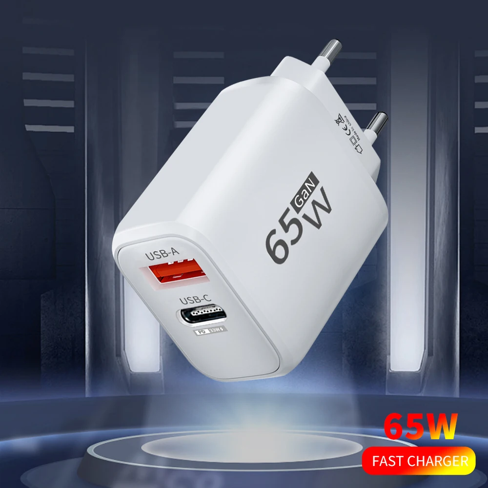 PD 2 In 1 65 W GaN EU/US-Stecker USB-Ladegerät Dual Ports USB Typ C Schnelllade-Wandladegerät Tragbares Schnelllade-Netzteil