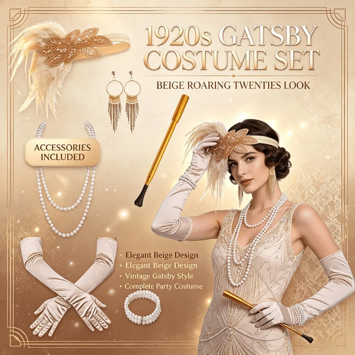 PESENAR 1920s Champagne Gatsby Flapper Costume Set Feather Headband Tassel Earrings Pearl Jewelry Pink Gloves for Masquerade Hal