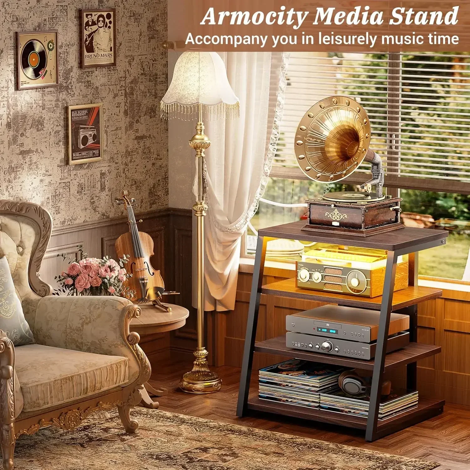 4-Tier AV Media Stand with Power Strips, Corner TV Stand with LED Lights, Rack Audio Tower with Adjustable Shelves, Corner Enter