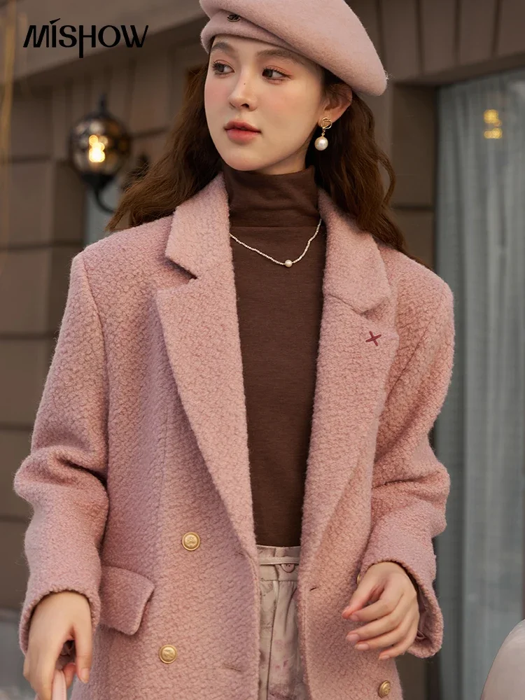 MISHOW Wool Blend Pink Coat Women 2023 Autumn Winter Thick Vintage Bouclé Woolen Blazer Warm Double Breasted Jacket MXC54W0133