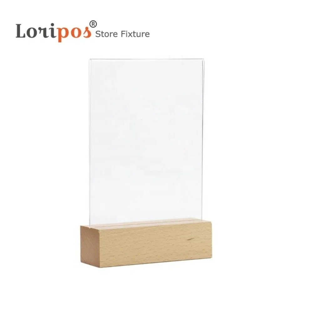 Wood Block A6 Acrylic Menu Table Food Photo Frame Price Tag Display Desk Sign Holder Card Stand