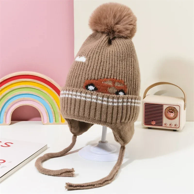 

1-4Y Unisex Baby Winter Warm Knit Beanie - Cartoon Ear Protection Tie Up Hat with Pompom