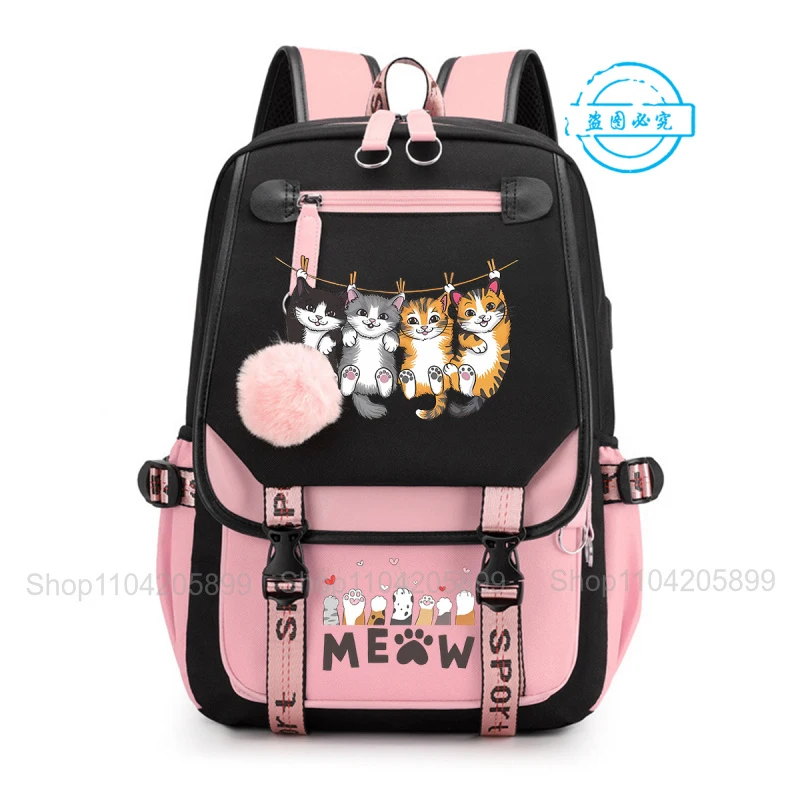 Cute Stacked Cat Backpack Funny Anime Student School Bag Boys Girls Mochilas Daily Campus Bookbag Casual Portable Rucksack