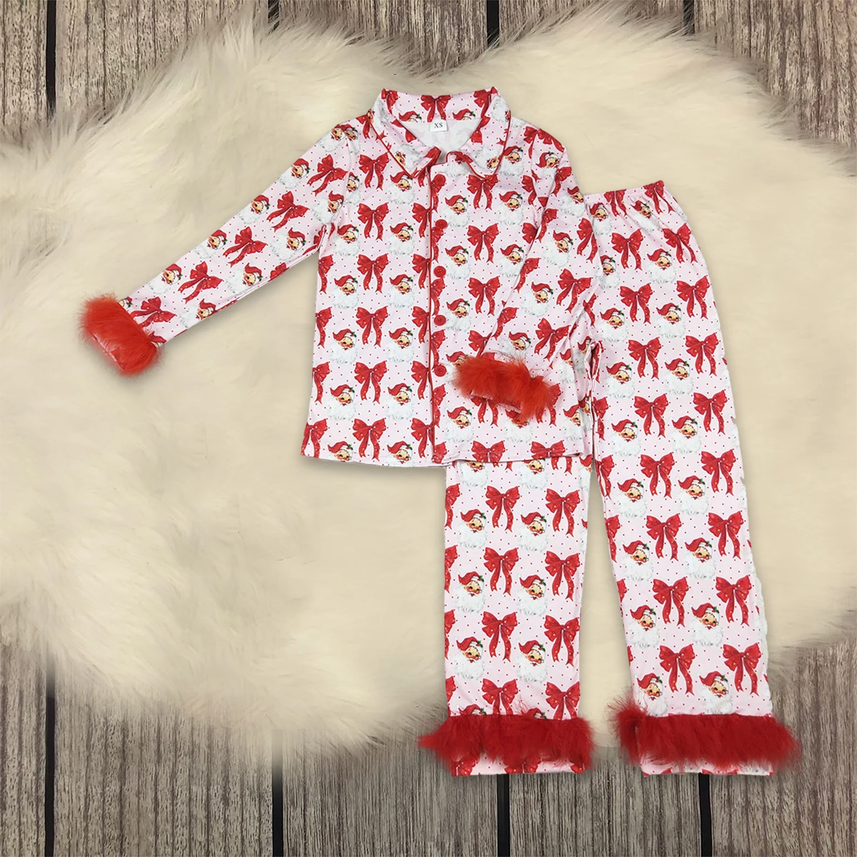 الكبار امرأة ملابس خاصة الفراء طويلة الأكمام زر أسفل سانتا الانحناء قميص مجموعة السراويل عيد الميلاد الزي النساء منامة الملابس بالجملة