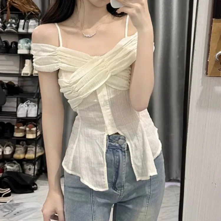 Moda semplice Slash Neck camicie dolci donna estate New Slim Fit Lace Up camicette Y2k E-Girl See Through White Blusas Mujer