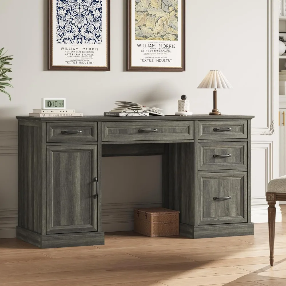 

58'' Farmhouse Executive Desk with Drawers, Home Office Desk with File Drawer and Storage Cabinet, Rustic Computer, Customized