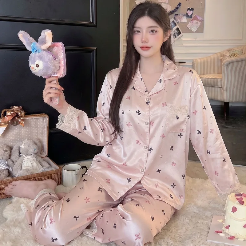French Princess Lace Border Bow Print Ice Silk Pajamas for Women's Autumn New Long Sleeved Home Suit Ladies Sleepwear Homewear