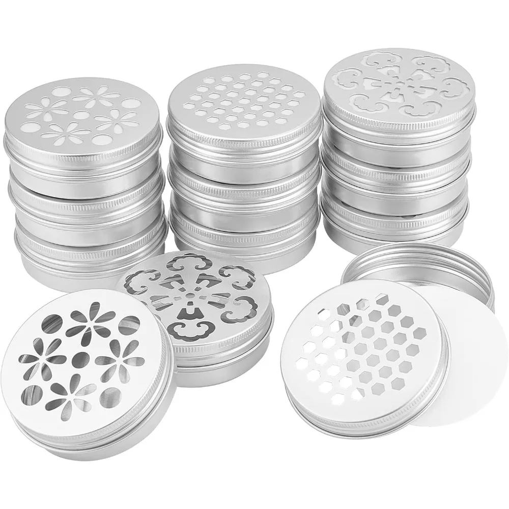 

2 Ounce Aluminium Tins 12pcs 3Styles Empty Storage Containers with Hollow Lids 60ml Screw Lid Round Jars Sample for Aromatherapy