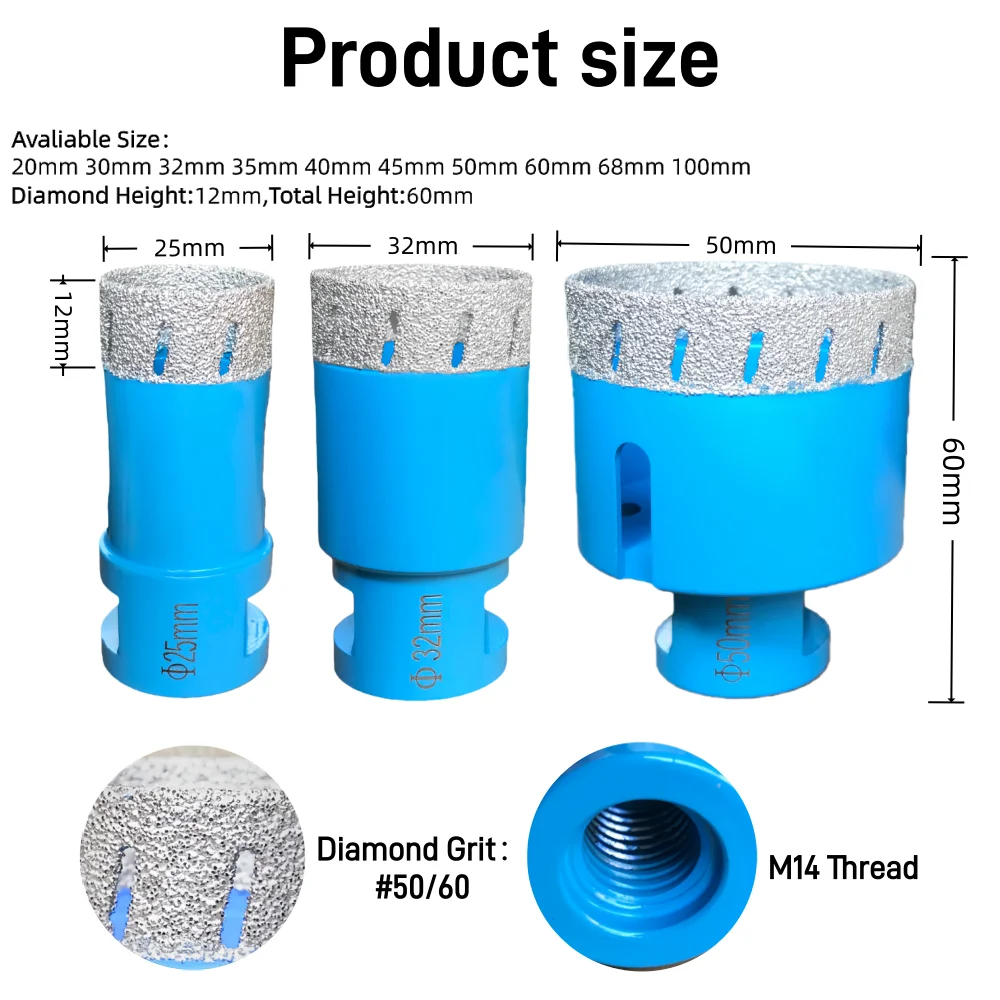 1pc Brazed Diamond Core Bits Dia 20-100mm M14 Thread For Ceramic Tile Granite Marble Drilling Crown Hole Saw Drilling Tools