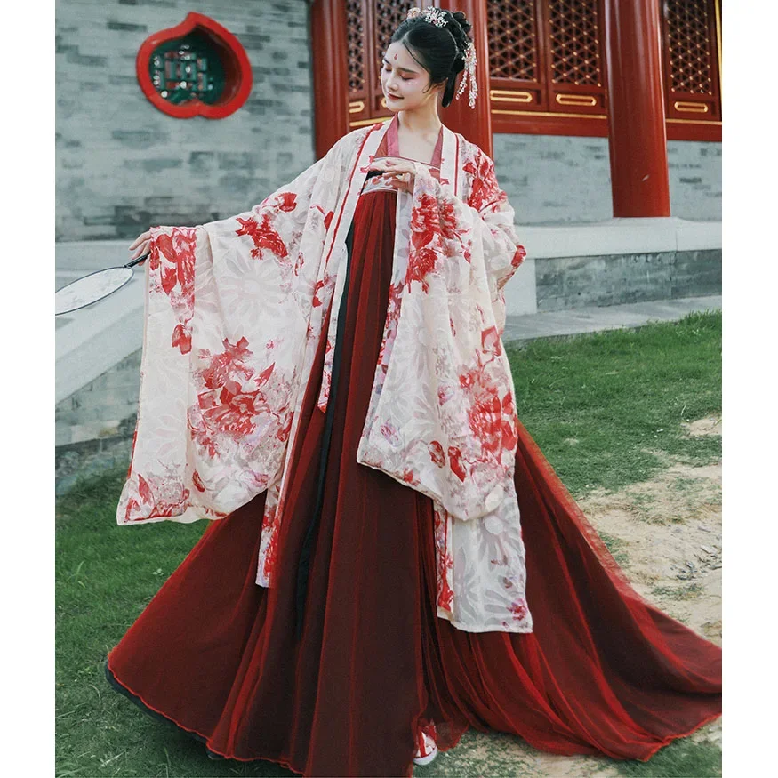 Chinese Traditional Ancient Fairy Costume 2023 Summer New Red Hanfu Dresses For Women Han Dynasty Folk Princess Stage Costume