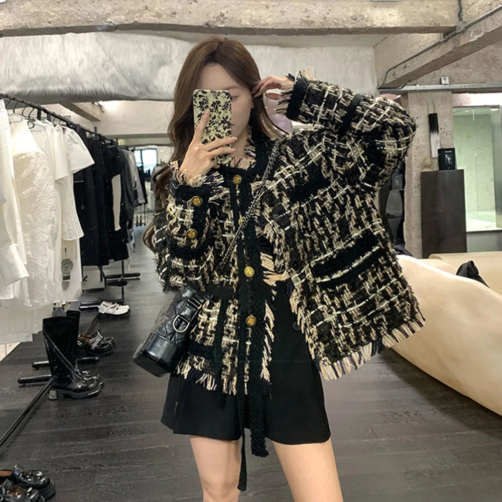 

Spring Quality Vintage Tweed Jacket Women Tassels Weave Chic Winter Coat High Streetwear O-neck Full Sleeve Loose Outwear Female