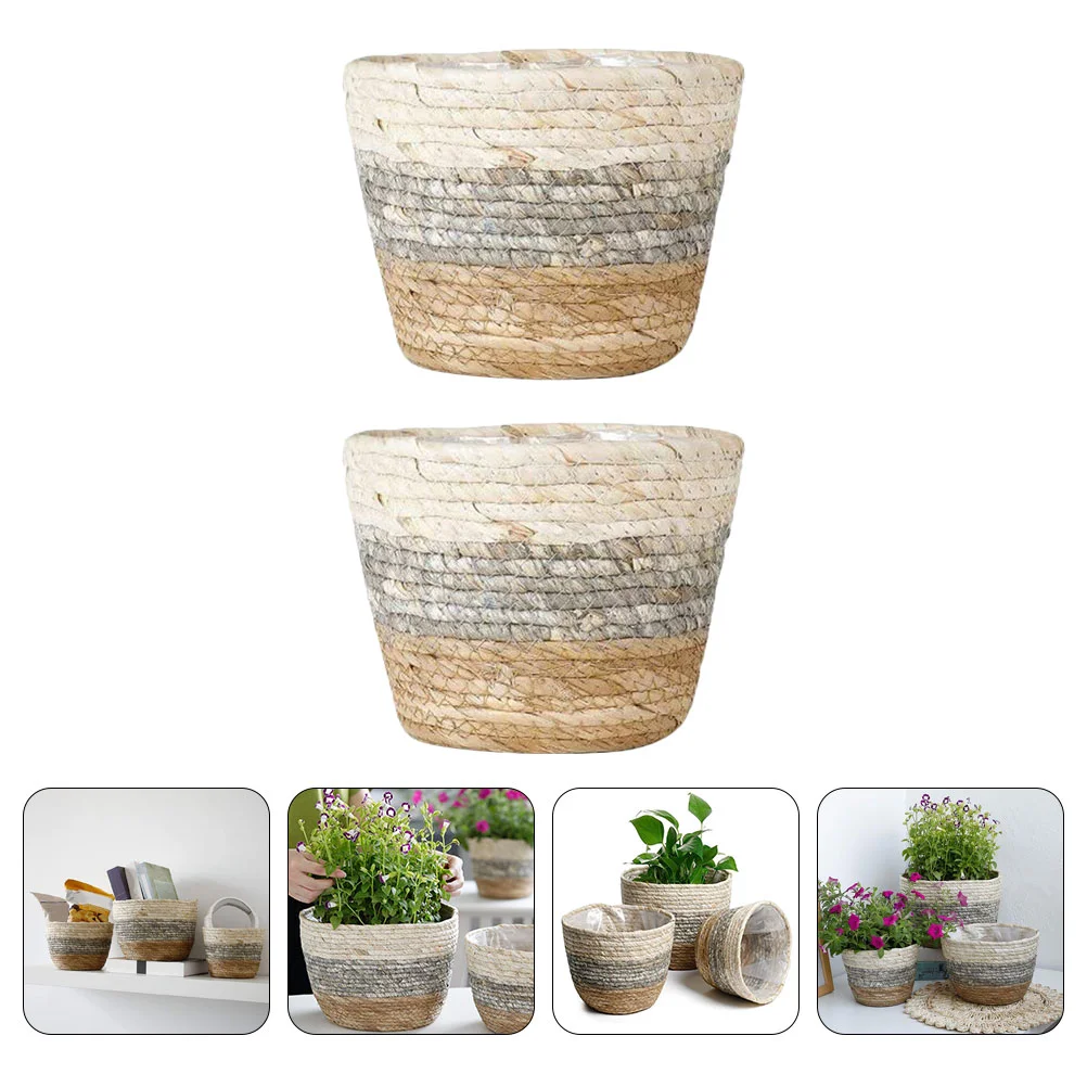 

2 Pcs Baskets Flower Straw Woven for Desktop Potted Rectangular Weaving