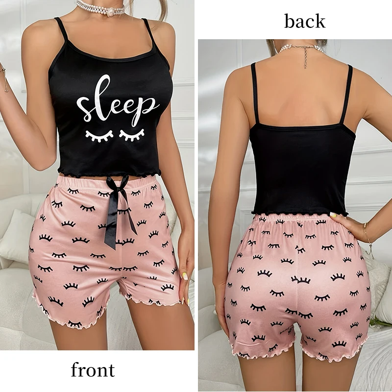 Summer New Two-Piece Printed Eyelash Style Casual V-Neck Strap Black Top and Short Women\'s Casual Pajama Set