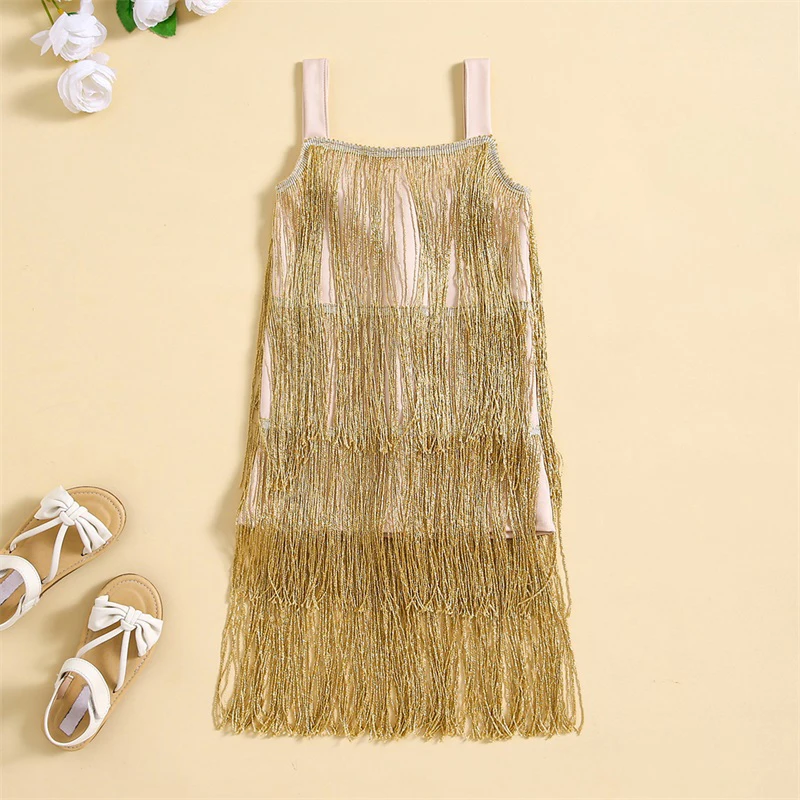 Baby Kids Girl’s Sequin Fringe Dress Sleeveless Tasseled Solid Summer Casual Dress Dance Outfits for Girls