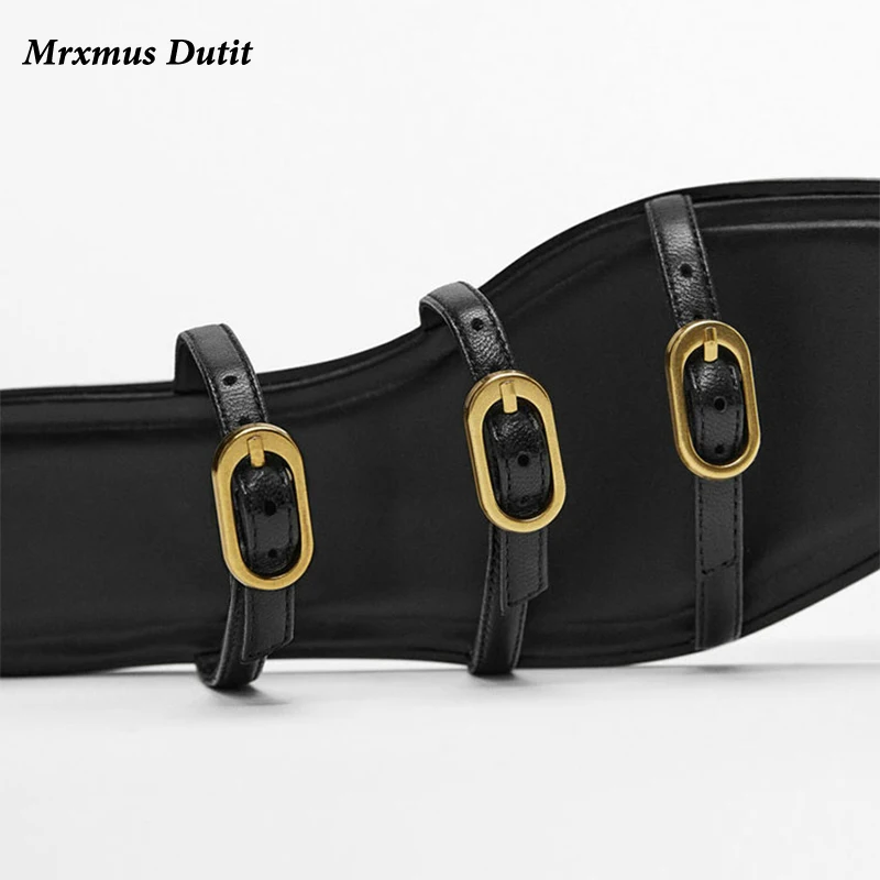 Mrxmus Dutit 2023 Fashion Women New Genuine Leather Metal Buckle Decoration Flat Slippers Casual Sandals Simple Shoes Female