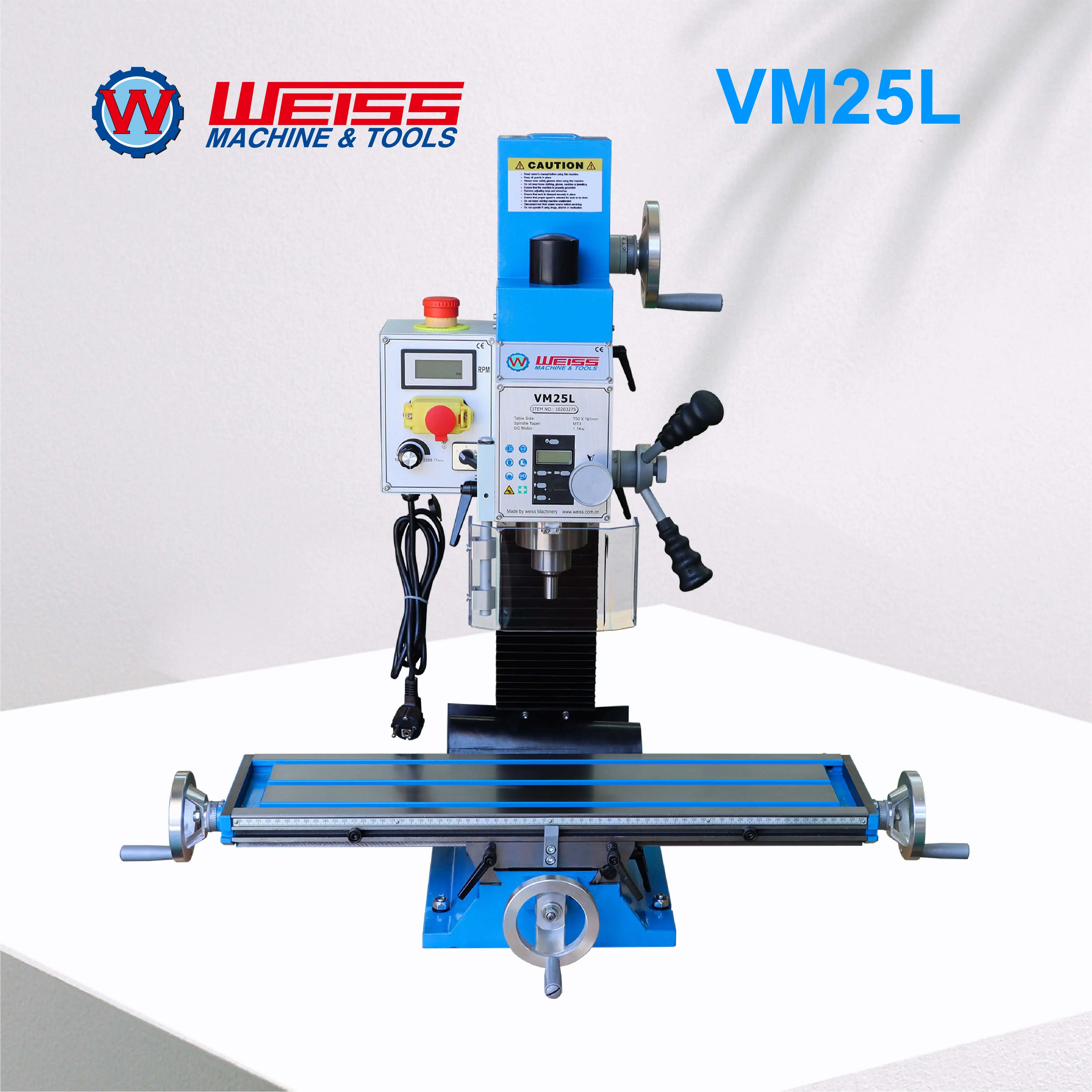 WEISS Milling Machine VM25L 1100W Brushless Motor Mill Drill MT3 R8 Variable Speed 2250rpm for Precision Machining