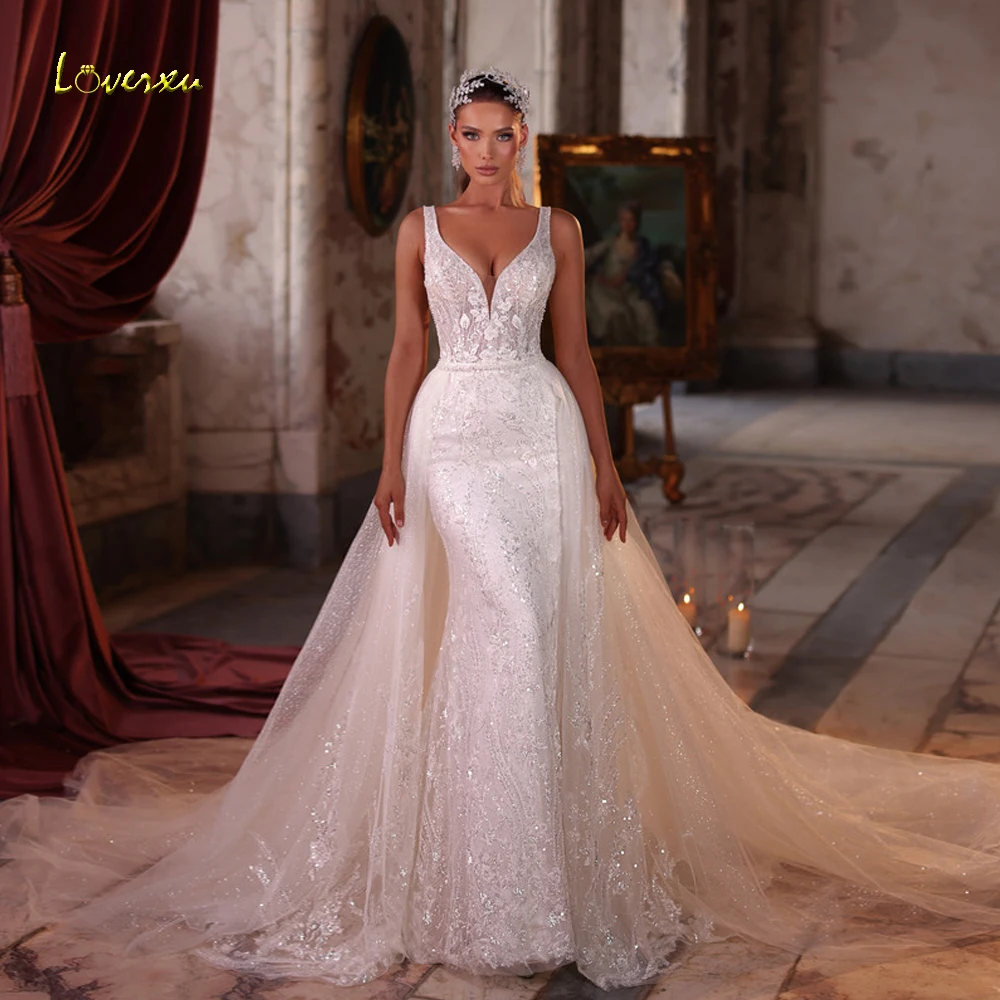 

Loverxu Русалка Сексуальные свадебные платья Милая без рукавов Vestido De Novia Кружева со съемным шлейфом Блестящее свадебное платье на заказ