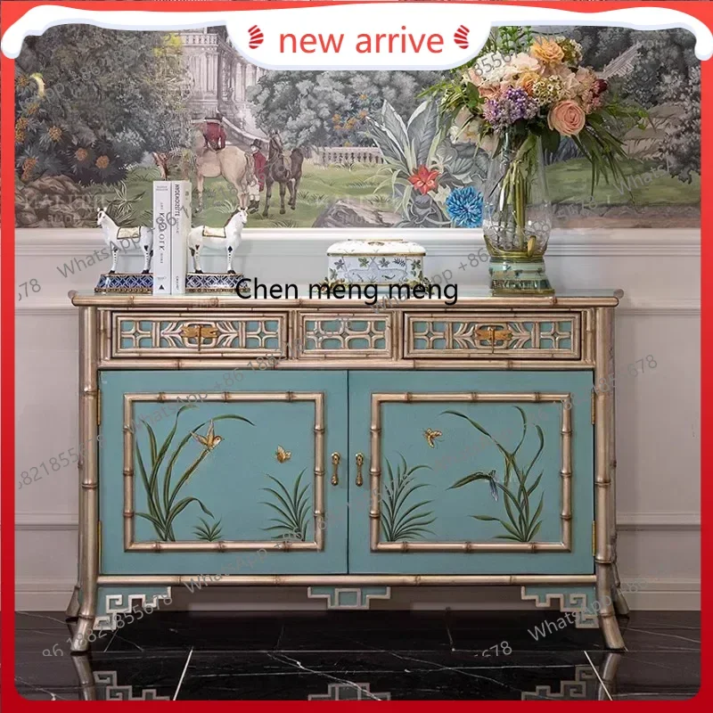 

SS ss7486 Retro cyan hand-painted flower and bird painting double door porch bucket cabinet rural solid wood dining side cabinet