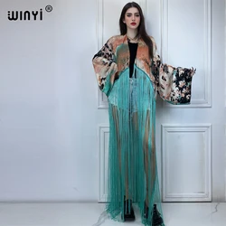 WINYI kimono boho fashion summer beachwear summer Classic print Bikini Cover-up Cardigan sexy Holiday long Sleeve tassels top
