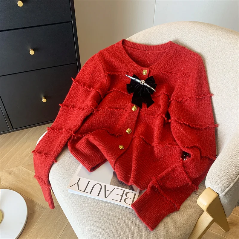 Xiaoxiangfeng Red Bow Sweater Cardigan Women's Spring, Autumn, Winter Slim Fit Short Knitted Coat