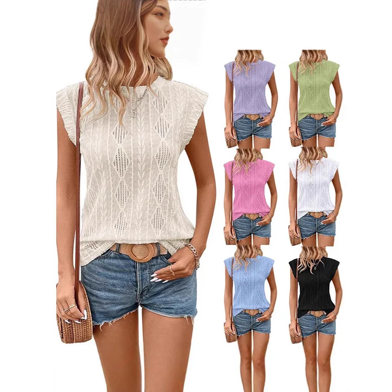 

Summer 2025 Women's round Ne Embroidered ort Sve Loose T-irt Vest Ele Sle Comfortable Fit Ladies' Top