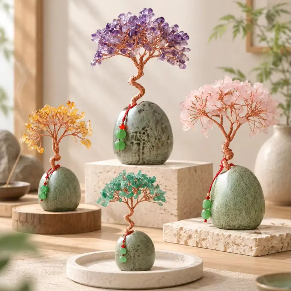 B11 Natural Crystal Tree Gemstone Bonsai Tree Handmade Copper Wire Healing Tree Home Decor Ornament Desktop Decoration Gift