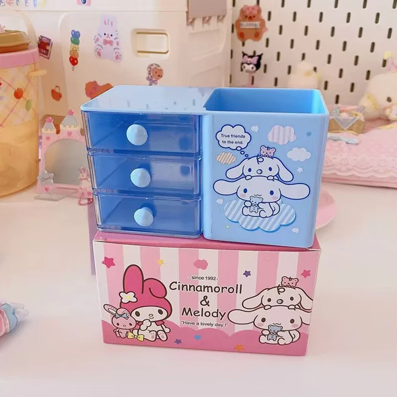 Sanrios My Melody Storage Box Kuromi Cinnamoroll Pochacco Pen Holder Drawer Organizer Box Anime Kawaii Mini Jewelry Cabinet Gift