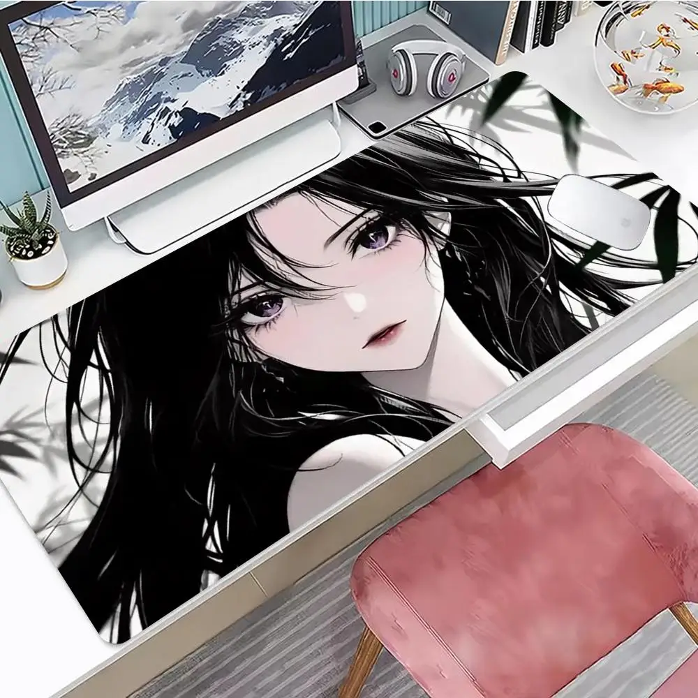 New Black and White Anime Girl Mouse Pad Gaming Mouse Pad, Mouse Pad with Edges and Non-Slip Rubber Base, Extended Mouse Pad
