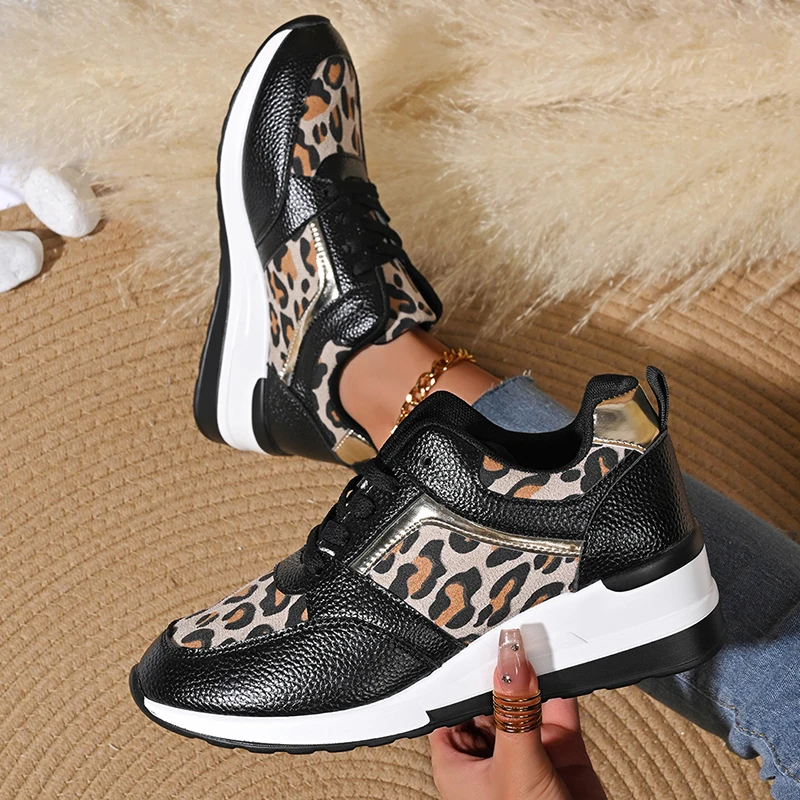 2025 Plus Size Leopard Print Sneakers Women Pu Leather Platform Sneaker Shoes Woman Comfortable Non Slip Lace Up Shoes Female