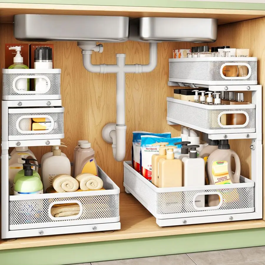 

Under Sink Organizer, 2Pack 3Tier Height Adjustable Thickened Metal Pull out Cabinet Organizer Shelf, Slide out Storage Drawer R