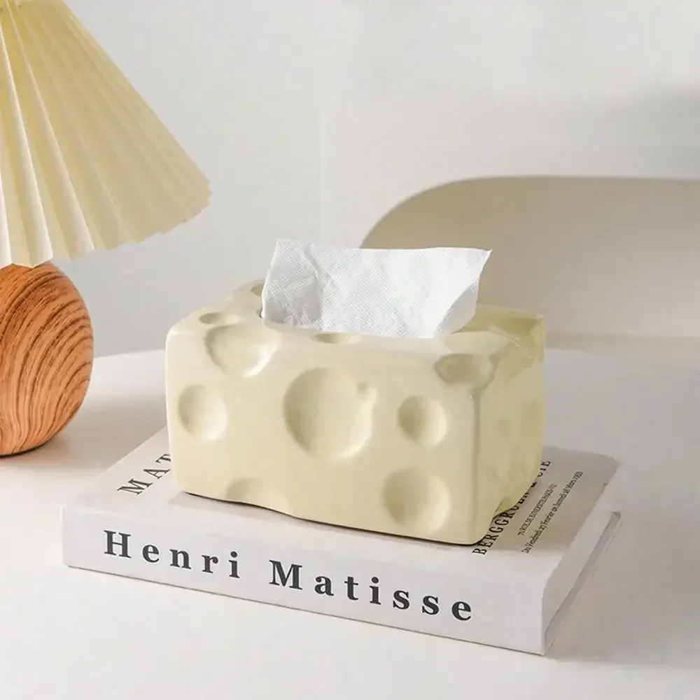 1pc Cheese Design Ceramic Tissue Box Cover With Cream Style Decoration, Dining Table Decorative Napkin Holder