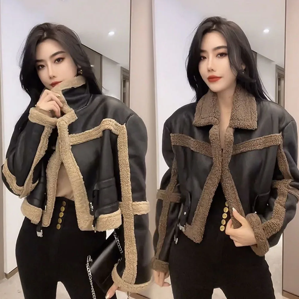 ฤดูหนาว Faux Fur Jacket ผู้หญิง2022ใหม่สั้นรถจักรยานยนต์เลียนแบบแกะขนสัตว์หญิงคอปกเสื้อ Warm หัวรถจักร Overcoat