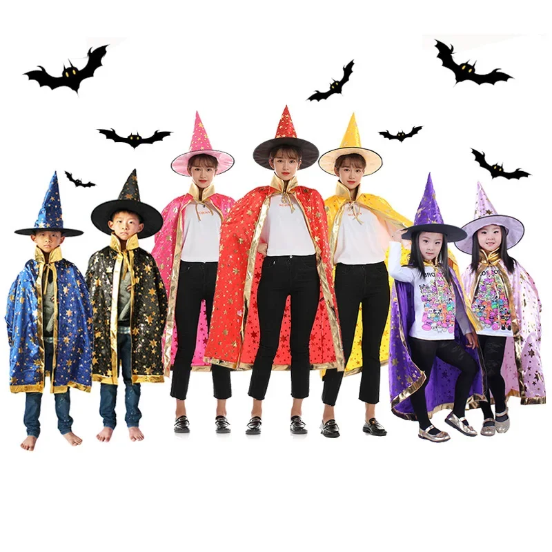 Rose Red Pink Black Blue Halloween Kid Magician Children or Adult Witch Five Stars Cloak Cape With Hat