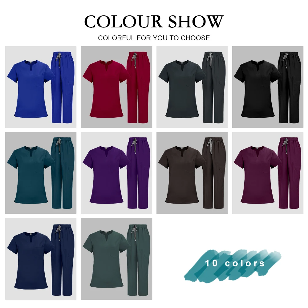 زي المستشفى الطبية ممرضة موحدة مرنة تنفس قصيرة الأكمام أعلى السراويل المستقيمة الرعاية الصحية الصيدلة ملابس العمل جديد
